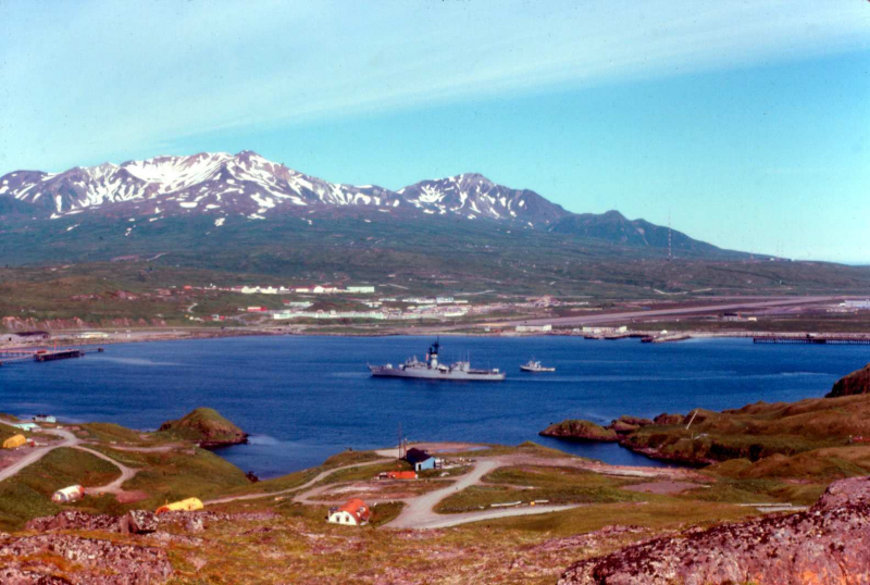 Adak, Sweepers Cove, Harold E. Holt DE1074 in cove - Aug. 1974  Photo by Michael Hein