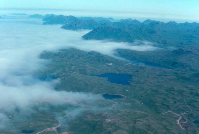 Adak, Mitt Lake (foreground), Lake Leone, east toward Kagalaska & Tanaga Islands - Aug. 1974  Photo by Michael Hein