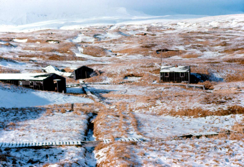 Adak, Road to Shagak Bay, WWII buildings - Jan. 1974  Photo by Michael Hein