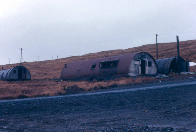 Adak, Road to Finger Bay, WWII huts - Jan. 1974  Photo by Michael Hein