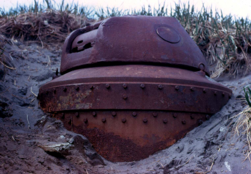 Adak, NavFac Adak beach, WWII relict - Jun. 1974  Photo by Michael Hein