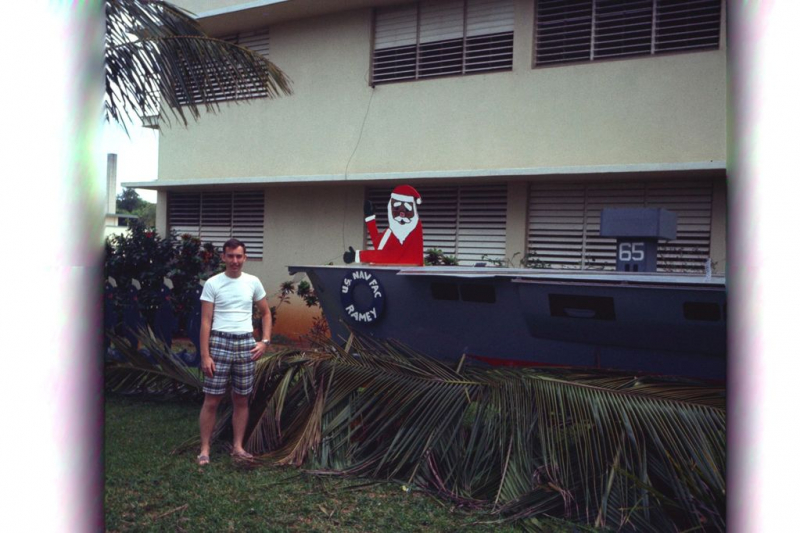 NavFac Ramey Christmas display in front of barracks - either Christmas '67 or '68