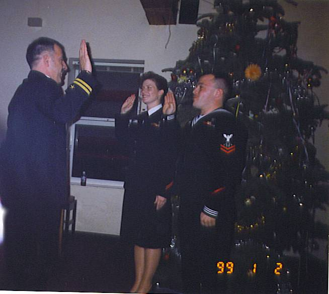 Lt. Cornett, Kathi Brown and Derek McKinney Reenlisting at Derek's Rugby Club (JMF St. Mawgan) in December 1998
