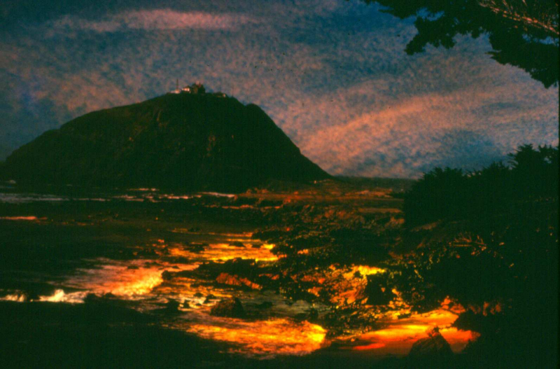 Point Sur Coast Guard lighthouse, sunset superimposed